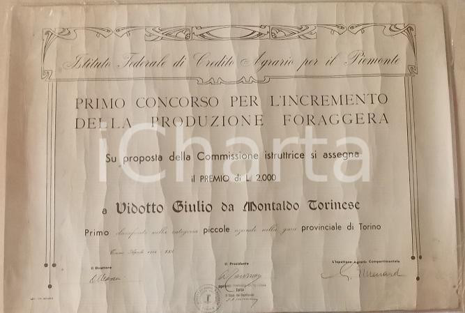 Documento originale, autentico 1944 MONTALDO TORINESE RSI Premio produzione foraggio Giulio VIDOTTO DANNEGGIATO 1