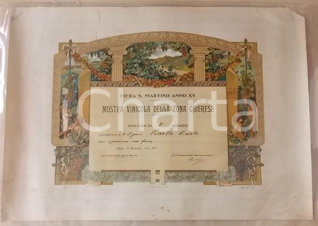 Documento originale, autentico 1936 CHIERI FIERA SAN MARTINO Mostra Vinicola Chierese Diploma Giusto VIDOTTO 1