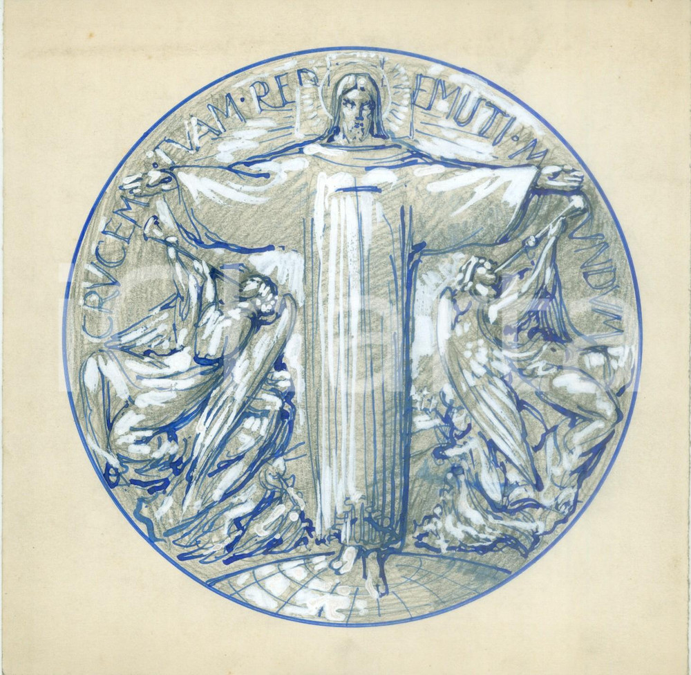Stampa, bozzetto originale 1935 ca MILANO Crucem Tuam Redemisti Mundum Bozzetto DISEGNATO A MANO medaglia 1