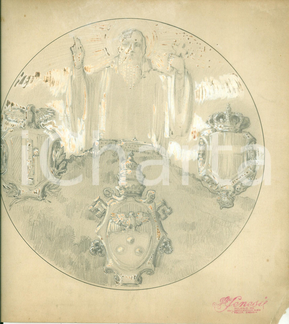 Stampa, bozzetto originale 1928 MONTECASSINO Stemmi centenario San Benedetto Bozzetto DISEGNATO A MANO 1