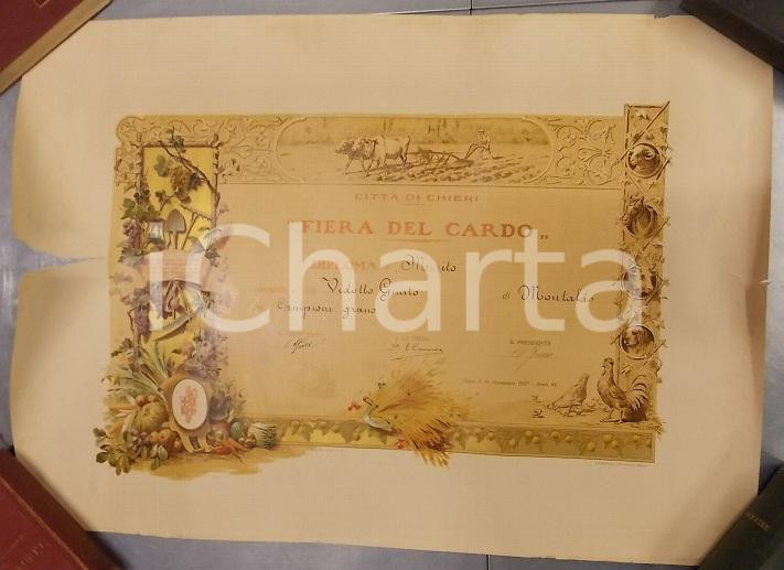 Documento originale, autentico 1927 CHIERI TO Fiera del Cardo Diploma di merito Giusto VIDOTTO DANNEGGIATO 1