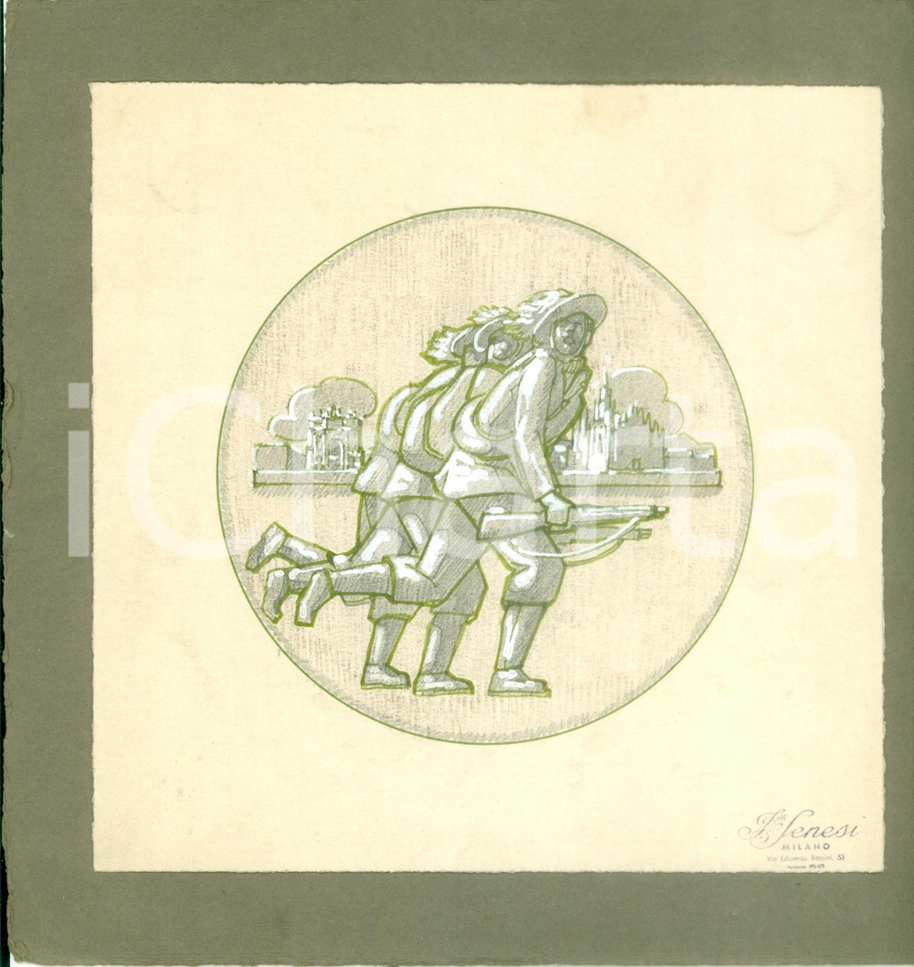 Stampa, bozzetto originale 1935 ca MILANO Bersaglieri per Centenario Bozzetto DISEGNATO A MANO medaglia 1