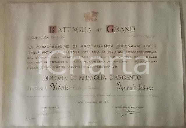 Documento originale, autentico 1935 MONTALDO TORINESE Campagna Battaglia del Grano Diploma di Giusto VIDOTTO 1