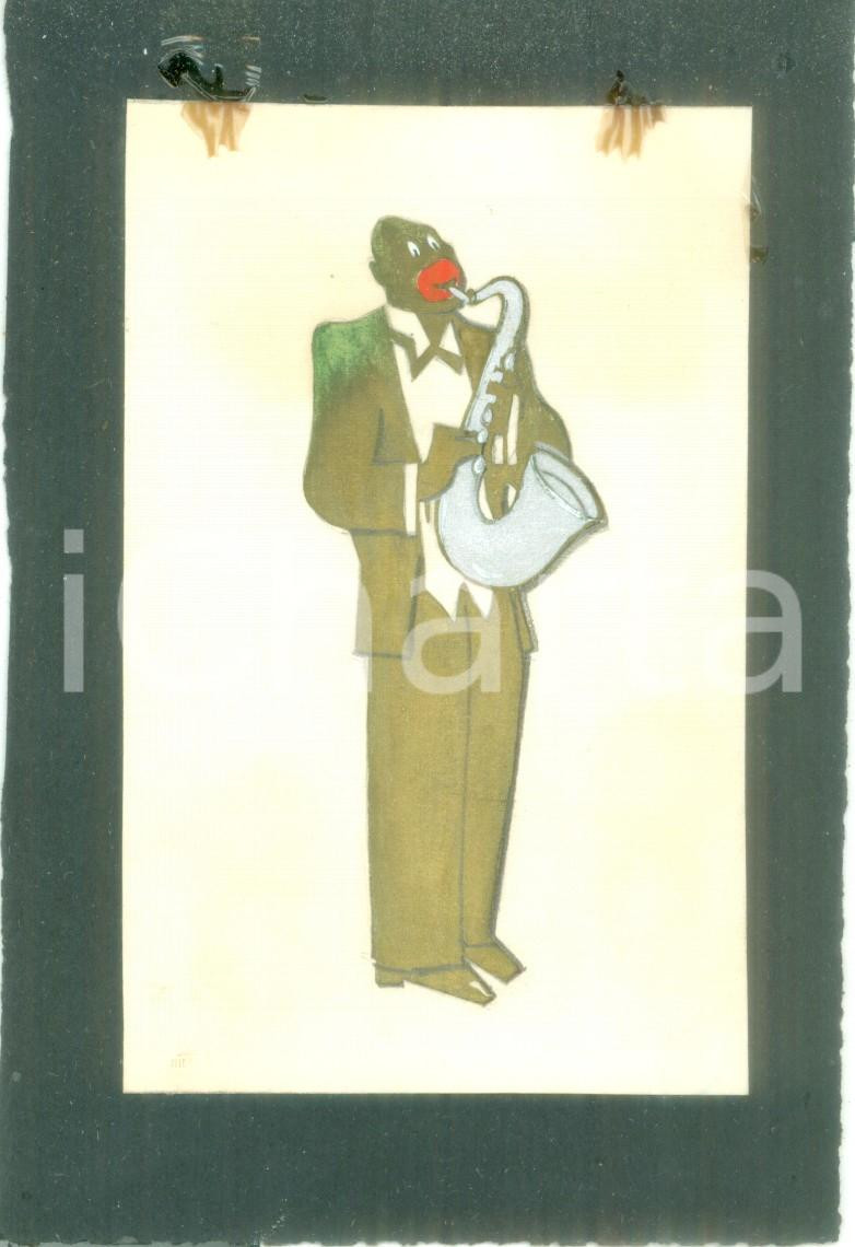 Stampa, bozzetto originale 1935 ca MILANO Jazzista nero con sax Bozzetto DISEGNATO A MANO per medaglia 1
