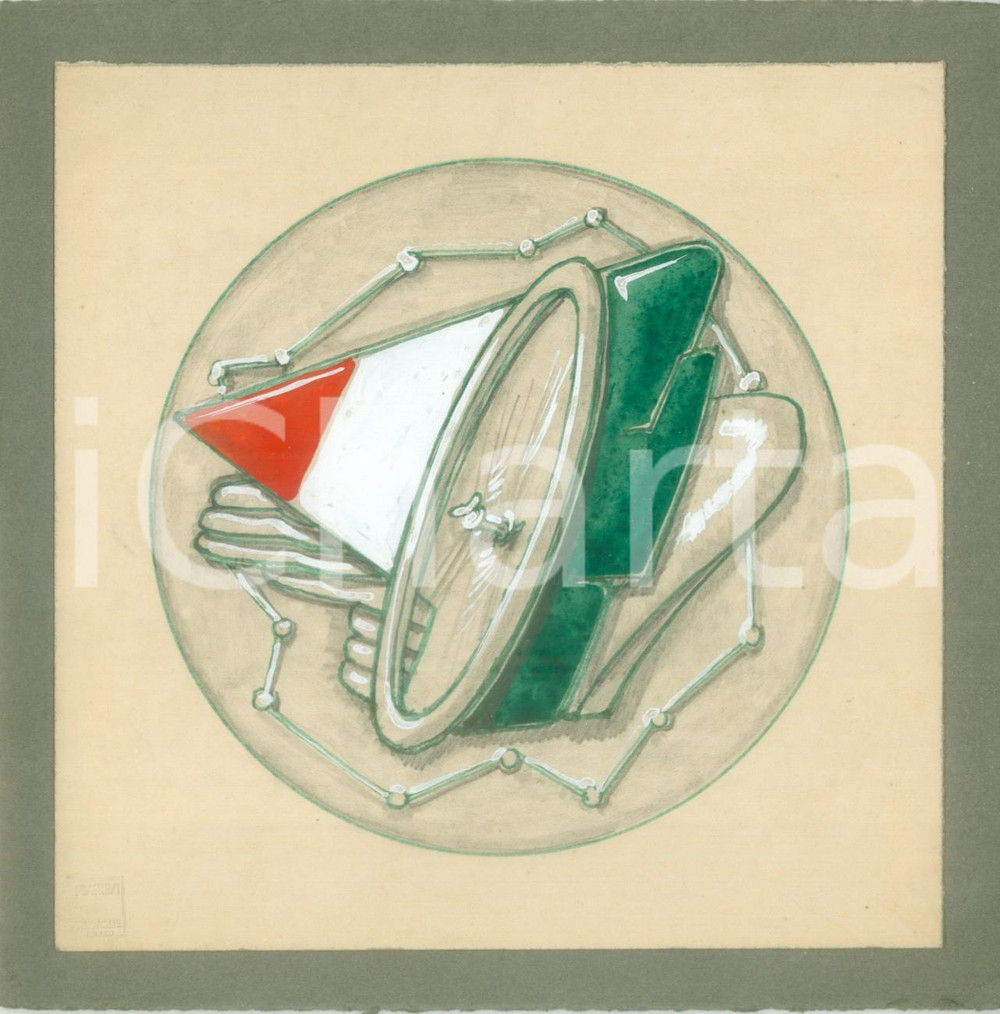 Stampa, bozzetto originale 1935 ca MILANO Circuito ciclistico Bozzetto DISEGNATO A MANO su cartoncino 1