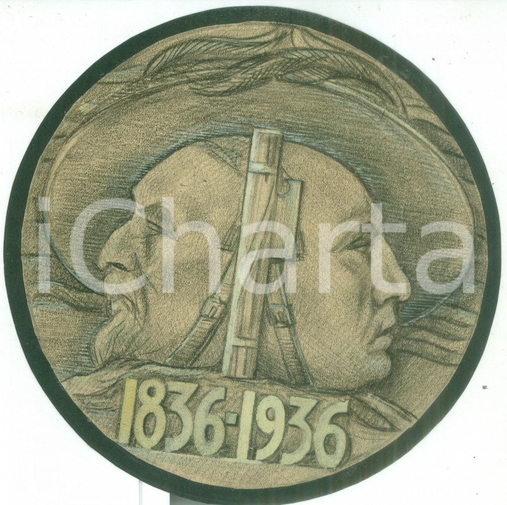 Stampa, bozzetto originale 1936 CORPO BERSAGLIERI Primo centenario Bozzetto DISEGNATO A MANO per medaglia 1