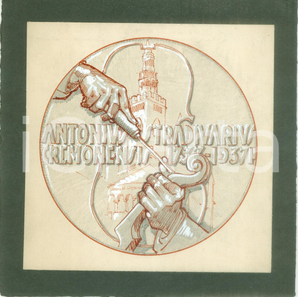 Stampa, bozzetto originale 1937 CREMONA Antonio STRADIVARI Centenario Bozzetto DISEGNATO A MANO medaglia 1
