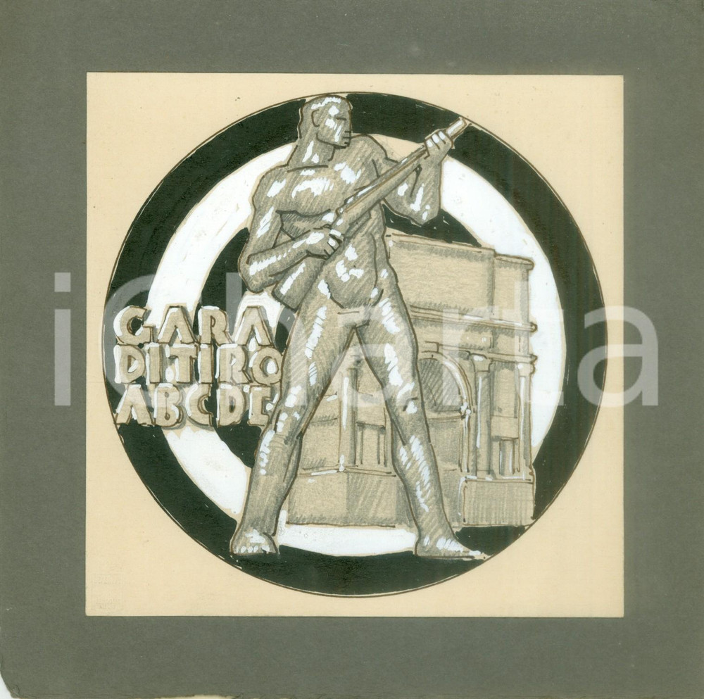 Stampa, bozzetto originale 1935 ca ROMA Gara di tiro a segno Bozzetto DISEGNATO A MANO per medaglia 1