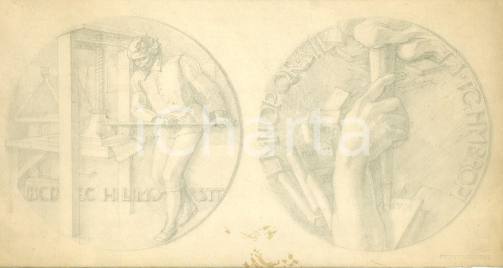 Stampa, bozzetto originale 1940 MILANO Littoriali Cultura Bozzetto DISEGNATO A MANO per medaglia 1