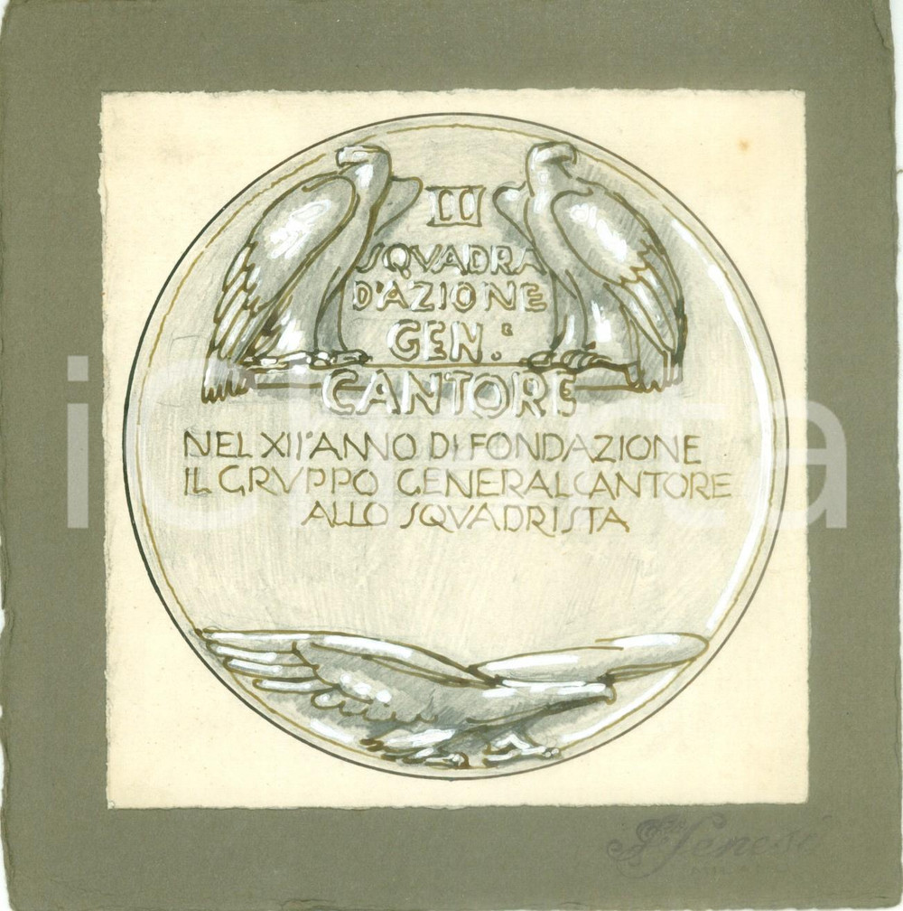 Stampa, bozzetto originale 1935 ca MILANO Squadra d Azione Gen. CANTORE Bozzetto DISEGNATO A MANO medaglia 1