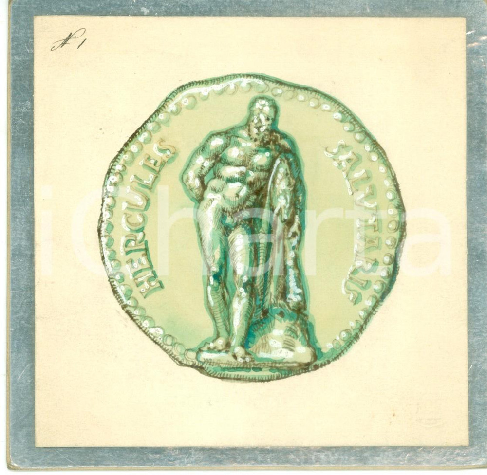 Stampa, bozzetto originale 1935 ca ROMA Hercules Salutaris Bozzetto DISEGNATO A MANO per medaglia 1