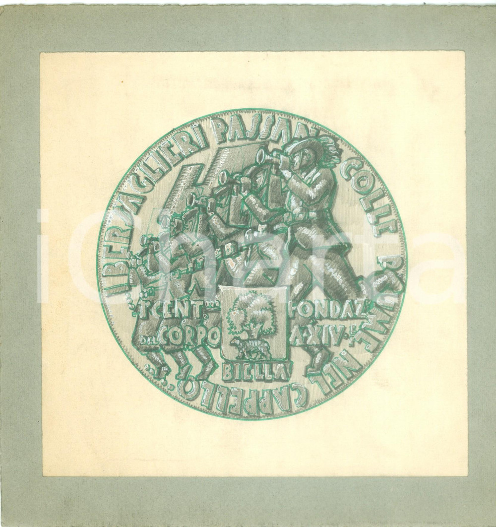 Stampa, bozzetto originale 1936 BIELLA Centenario Corpo Bersaglieri Bozzetto DISEGNATO A MANO per medaglia 1