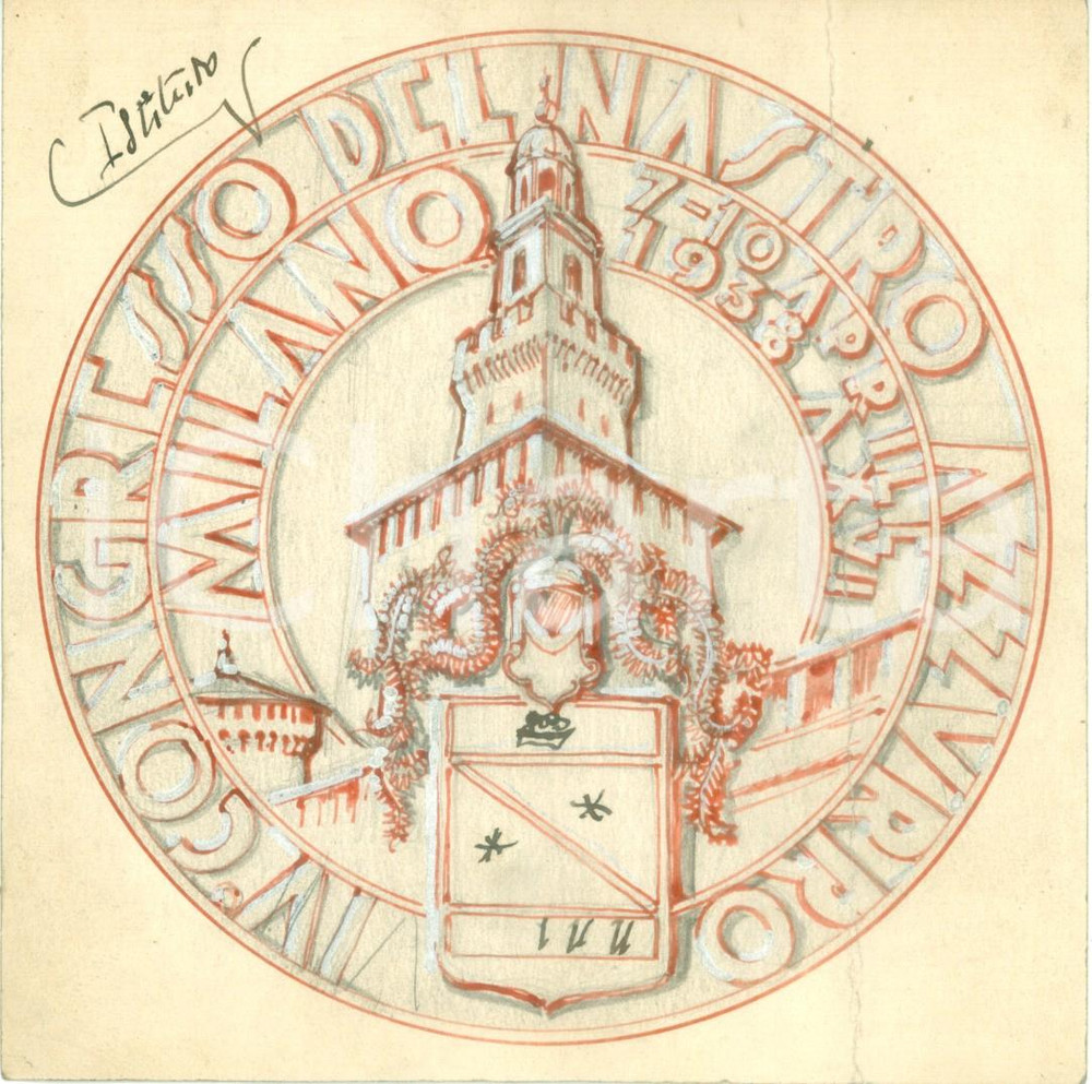 Stampa, bozzetto originale 1938 MILANO Congresso Nastro Azzurro Bozzetto DISEGNATO A MANO per medaglia 1