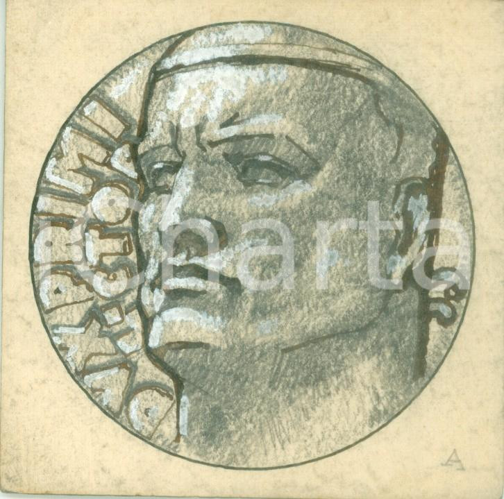 Stampa, bozzetto originale 1935 ca LITTORIALI Benito MUSSOLINI Bozzetto DISEGNATO A MANO per medaglia 1