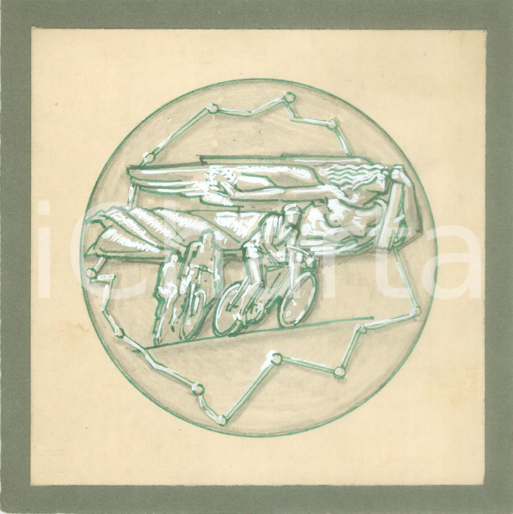 Stampa, bozzetto originale 1935 ca MILANO Concorso ciclistico Bozzetto DISEGNATO A MANO per medaglia 1