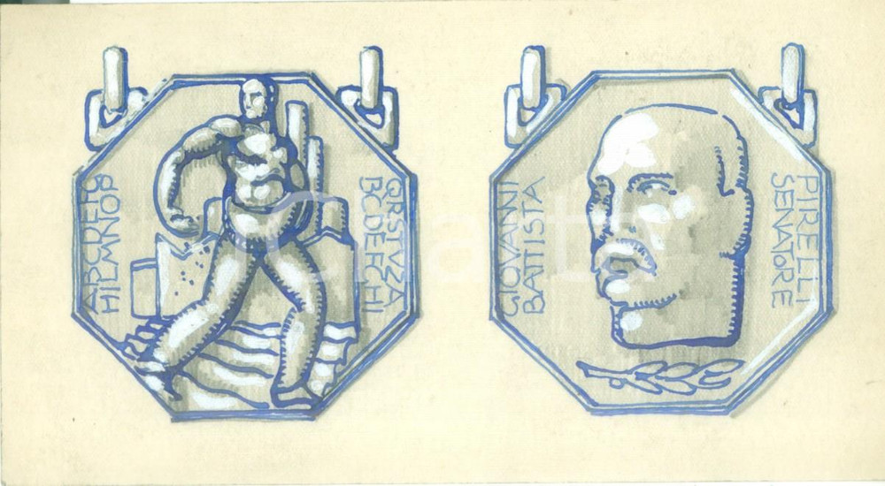 Stampa, bozzetto originale 1935 ca MILANO Giovanni Battista PIRELLI Bozzetto DISEGNATO A MANO per medaglia 1