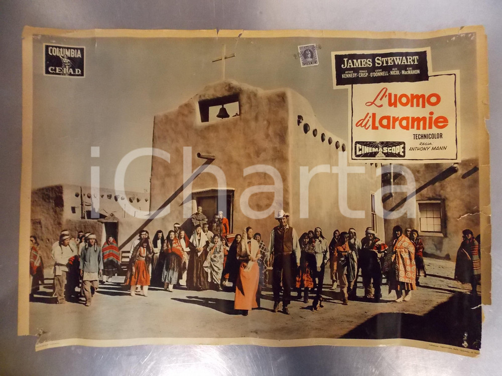 Oggetto da collezione cartaceo 1955 UOMO DI LARAMIE James STEWART Film di Anthony MANN Locandina DANNEGGIATA 1