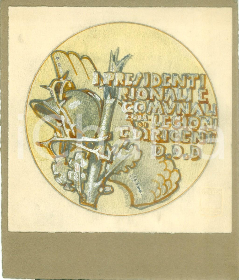 Stampa, bozzetto originale 1935 MILANO Presidenti Rionali Comunali Bozzetto DISEGNATO A MANO per medaglia 1