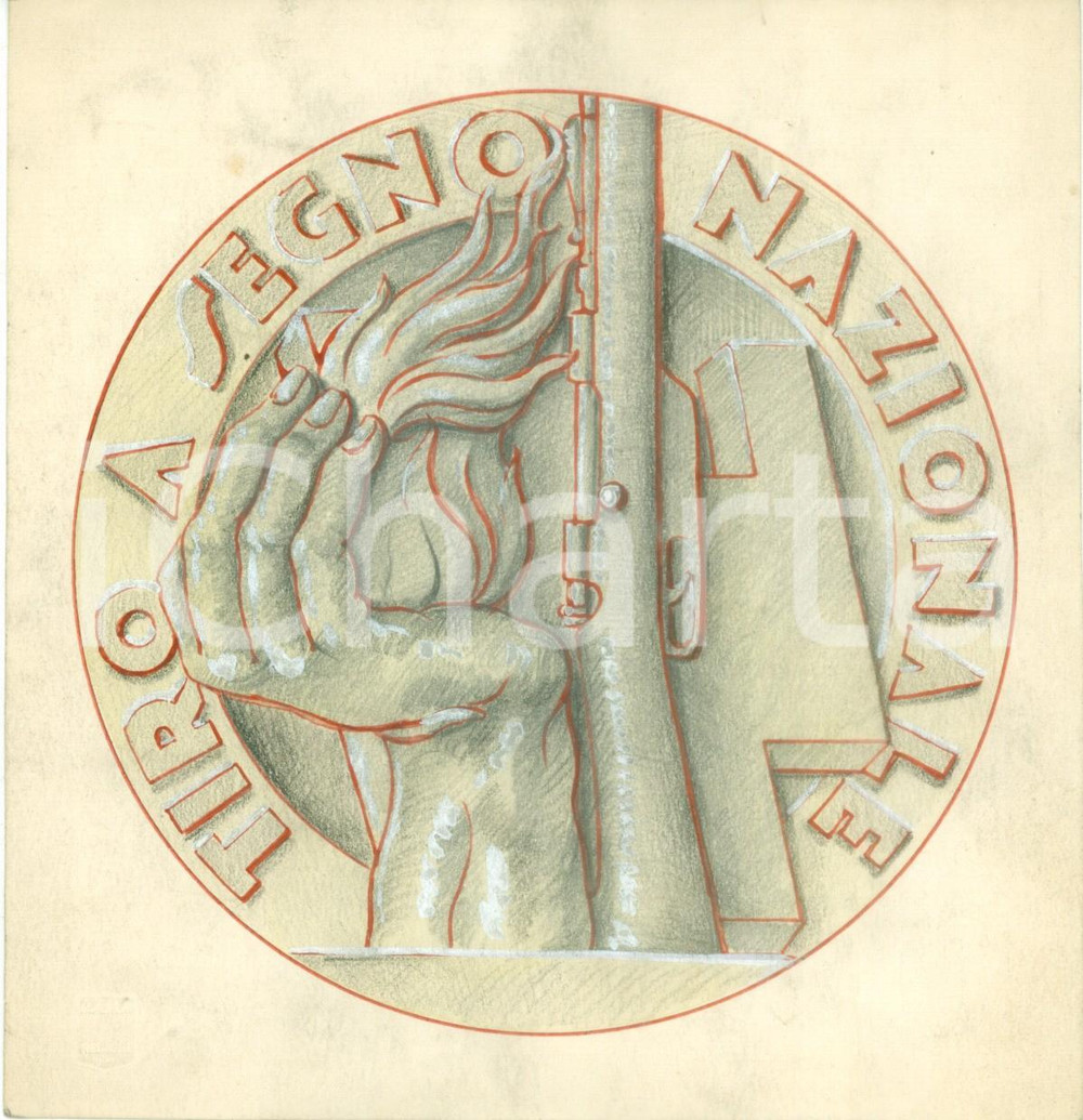 Stampa, bozzetto originale 1935 ca MILANO ? Tiro a segno nazionale Bozzetto DISEGNATO A MANO per medaglia 1
