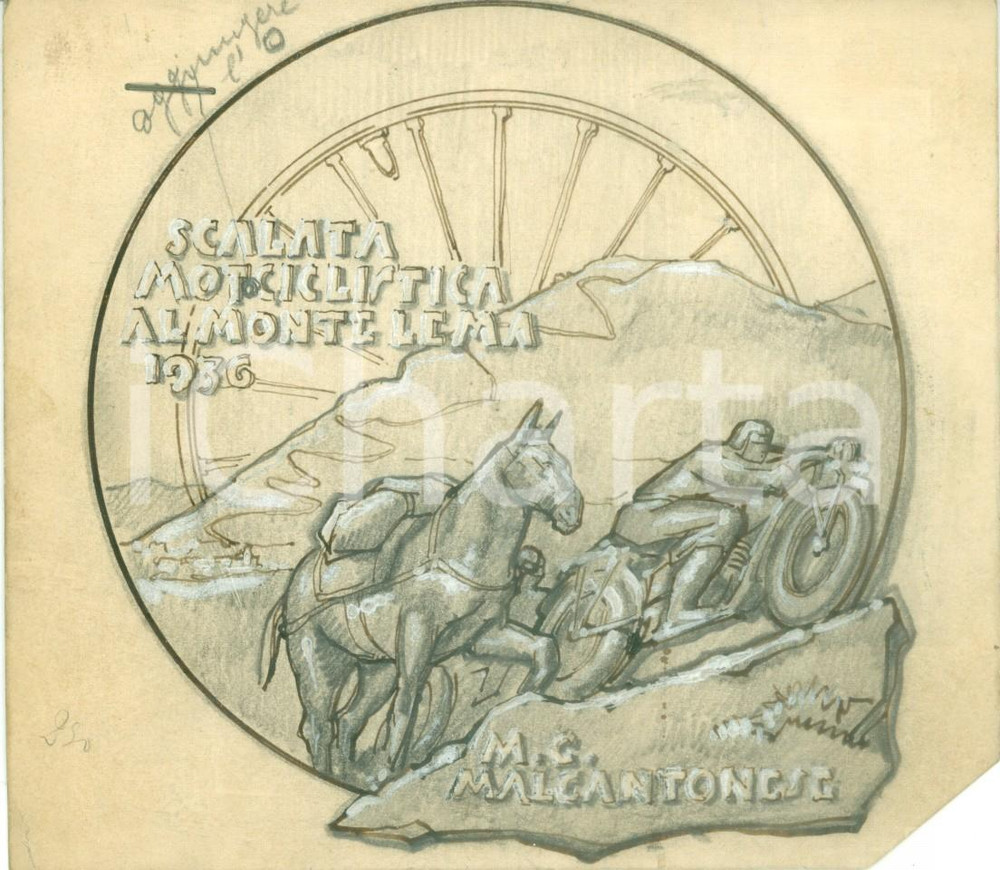 Stampa, bozzetto originale 1936 SVIZZERA Scalata Motociclistica Monte LEMA Bozzetto disegnato A MANO 1