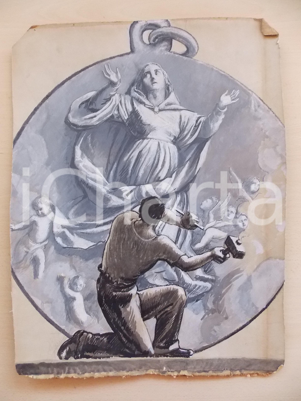 Stampa, bozzetto originale 1940 ca MILANO Ditta SENESI Bozzetto DISEGNATO A MANO per medaglia Danneggiato 1