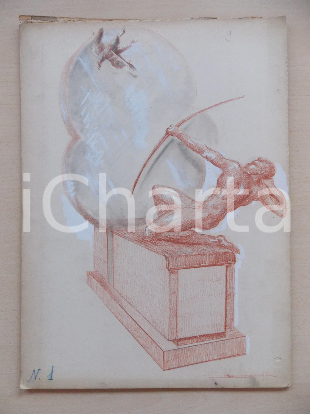 Stampa, bozzetto originale 1940 ca MILANO Costantino AFFER Bozzetto per medaglia DISEGNATO A MANO AUTOGRAFO 1