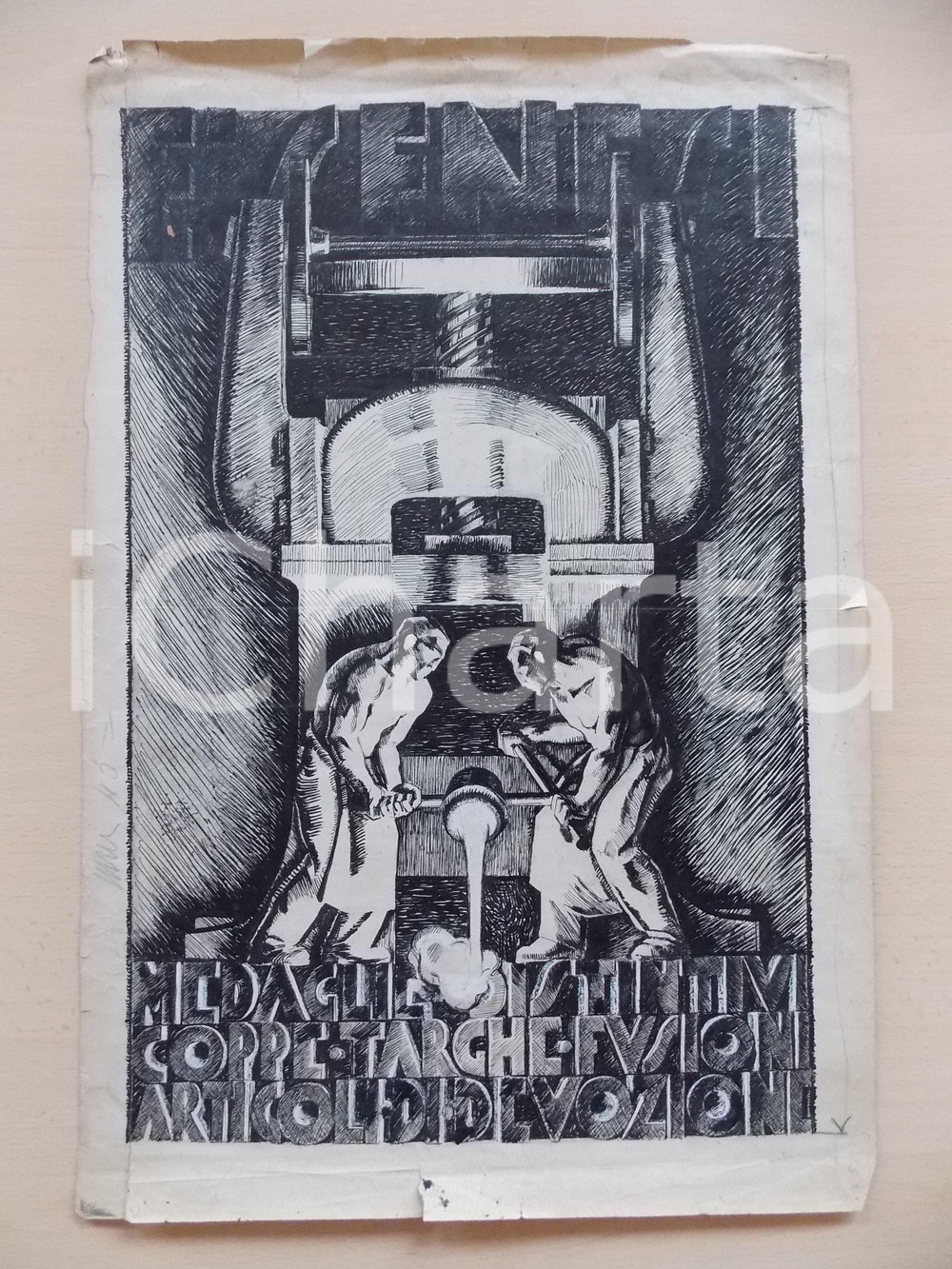 Stampa, bozzetto originale 1935 MILANO Ditta SENESI Medaglie distintivi Bozzetto locandina DISEGNATO A MANO 1