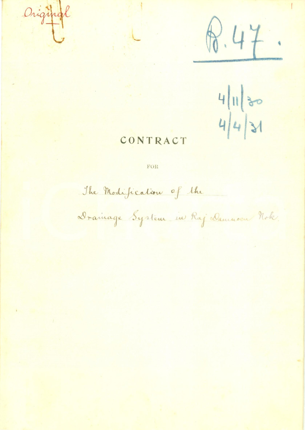 Documento originale, autentico 1931 BANGKOK THAILAND Modifiche sistema di drenaggio RAJADAMNOEN NOK Contratto 1