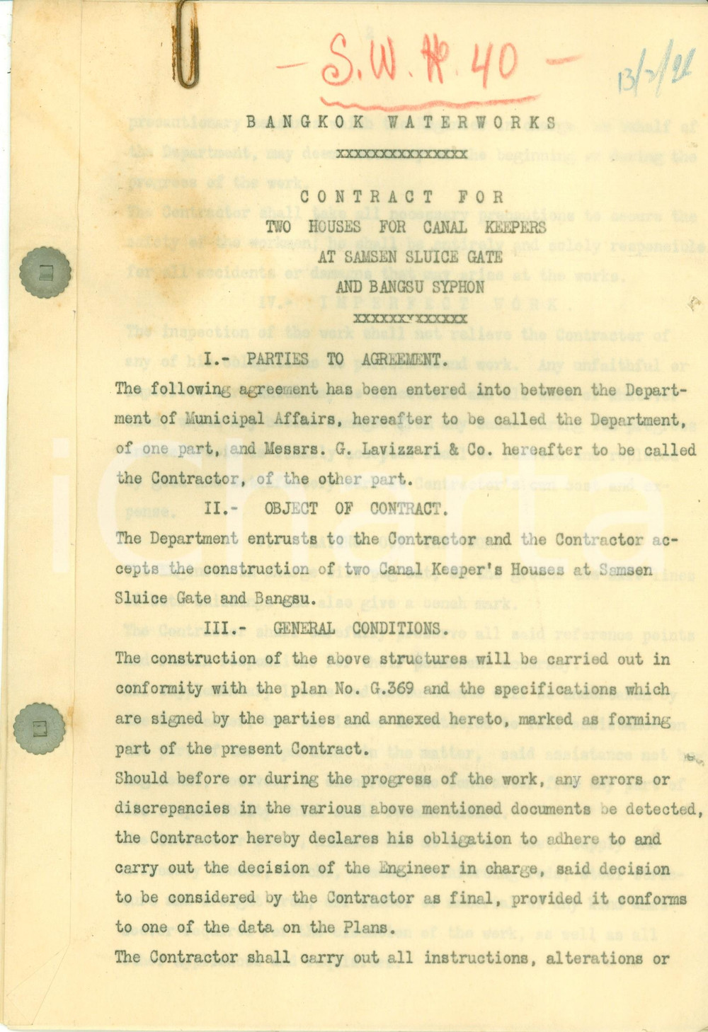 Documento originale, autentico 1922 Bangkok Waterworks THAILAND Costruzione case custodi canali SAMSEN STATION 1