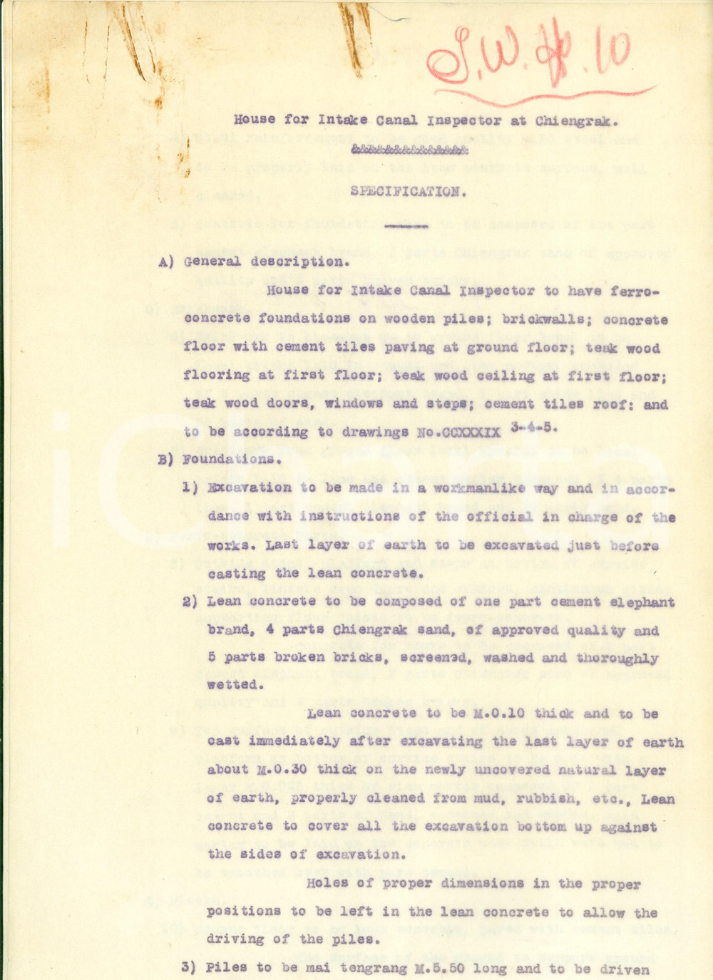 Documento originale, autentico 1923 BANGKOK THAILAND Costruzione casa Ispettore Canali a CHIENGRAK Specifiche 1