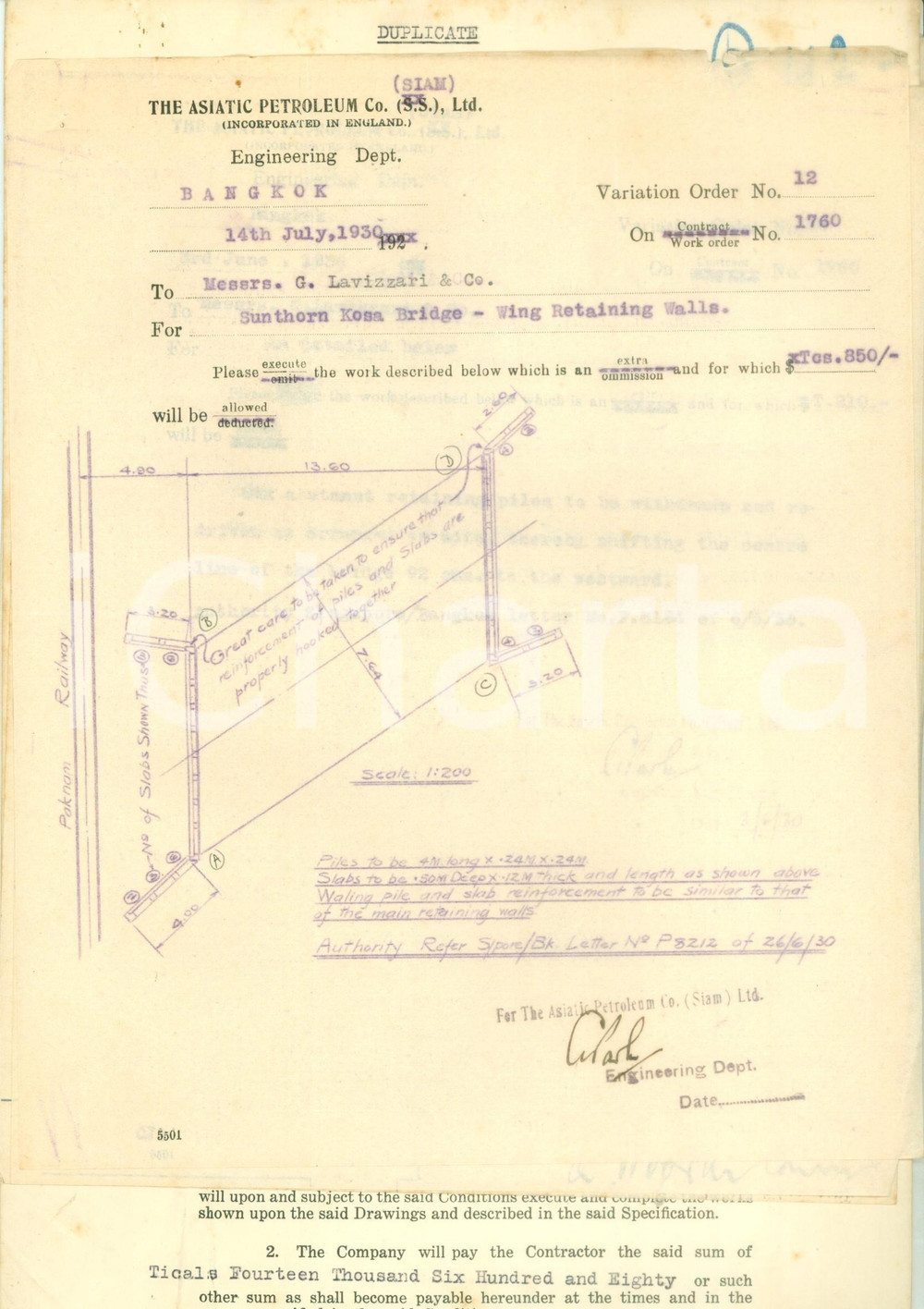 Documento originale, autentico 1930 BANGKOK THAILAND Costruzione ponte ASIATIC PETROLEUM a Sunthorn Kosa Road 1