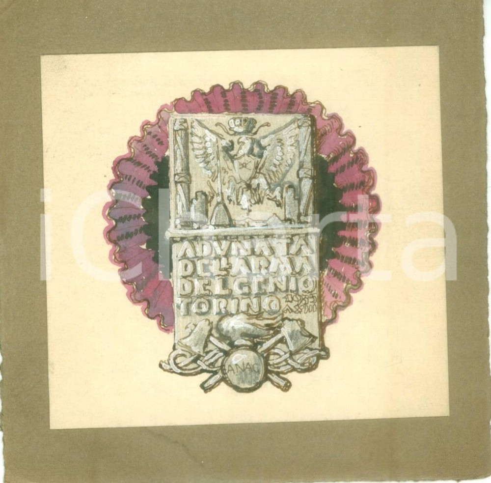 Stampa, bozzetto originale 1935 TORINO Adunata Arma del Genio Bozzetto DISEGNATO A MANO per medaglia 1