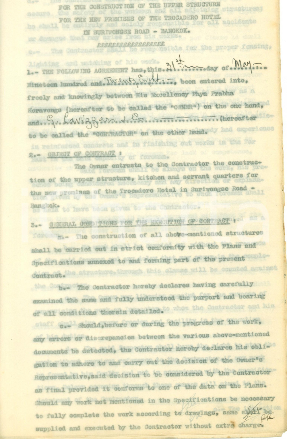 Documento originale, autentico 1928 BANGKOK THAILAND Costruzione struttura superiore TROCADERO HOTEL Contratto 1