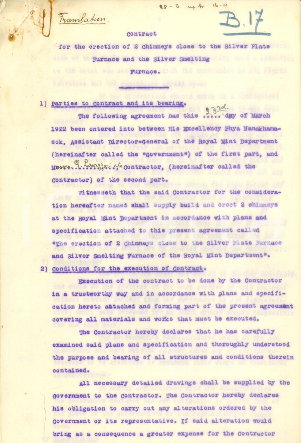 Documento originale, autentico 1922 BANGKOK THAILAND Contratto costruzione camini fornace inglese thailandese 1