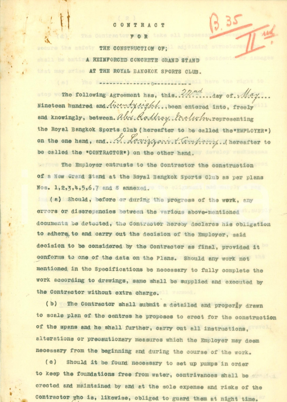 Documento originale, autentico 1928 BANGKOK THAILAND Costruzione rinforzi per ROTAL SPORTS CLUB Contratto 1