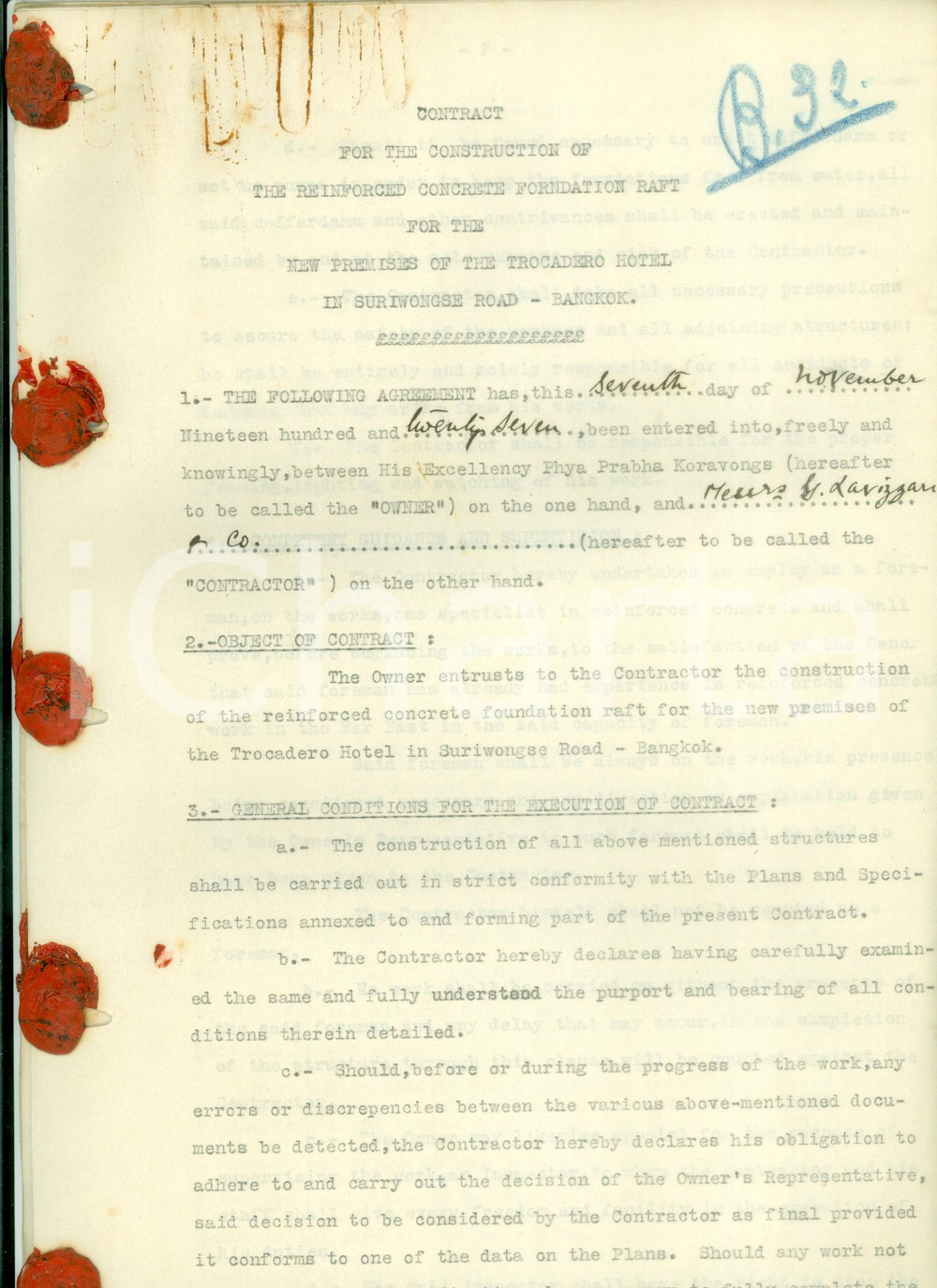 Documento originale, autentico 1926 BANGKOK THAILAND Costruzione fondamenta TROCADERO HOTEL Contratto 1
