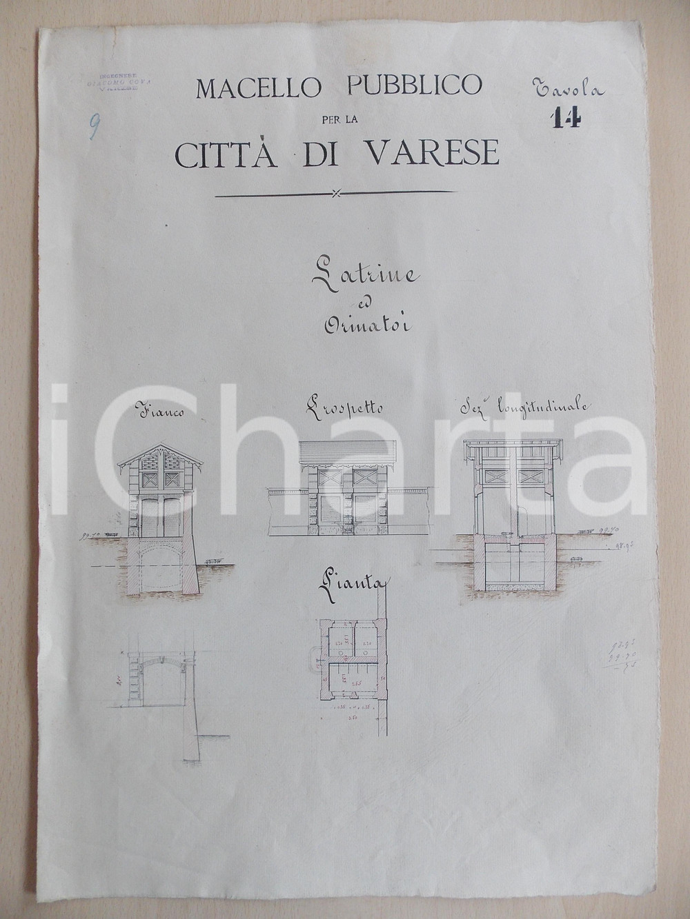 Documento originale, autentico 1850 ca VARESE Prospetti latrine e orinatoi Macello Pubblico Pianta MANOSCRITTA 1