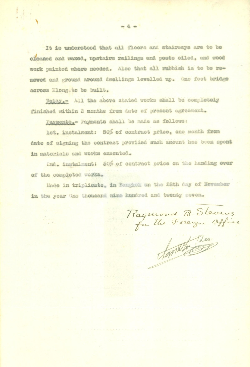 Documento originale, autentico 1927 BANGKOK THAILAND Diplomatico Raymond Bartlett STEVENS Documento AUTOGRAFO 1