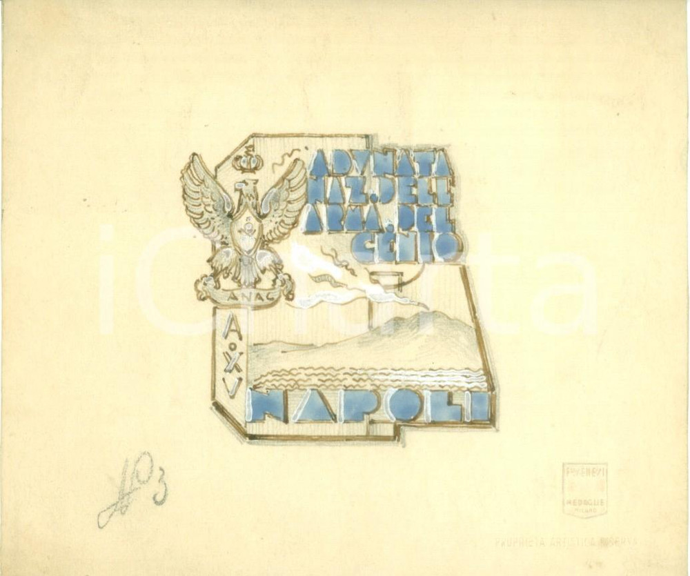 Stampa, bozzetto originale 1937 NAPOLI Adunata Nazionale Arma Genio Bozzetto DISEGNATO A MANO per medaglia 1