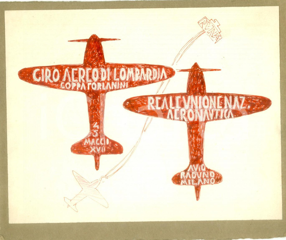 Stampa, bozzetto originale 1939 MILANO Coppa FORLANINI Avioraduno RUNA Bozzetto DISEGNATO A MANO medaglia 1