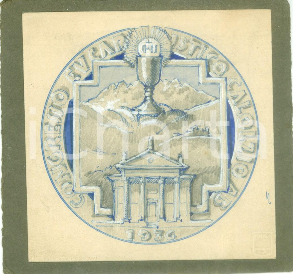 Stampa, bozzetto originale 1936 CALOLZIOCORTE Congresso Eucaristico Bozzetto DISEGNATO A MANO per medaglia 1