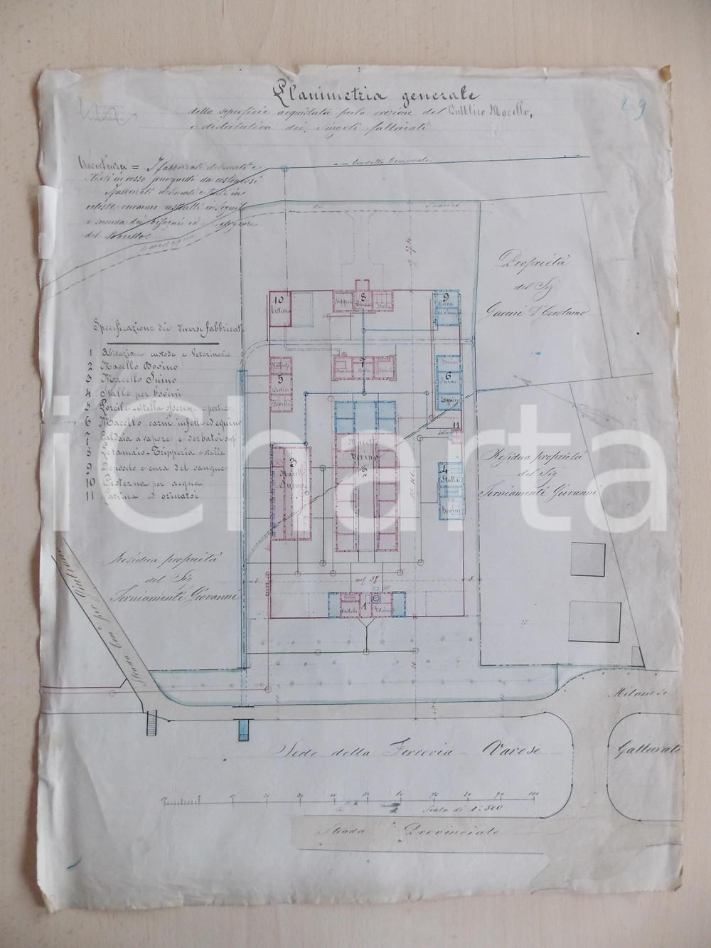 1850 ca VARESE Planimetria generale per costruzione Macello Pubblico MANOSCRITTA Planimetria d'epoca interamente disegnata a mano, con didascalie, per la costruzione del Pubblico Macello di Varese, ad opera dell'ingegner Giacomo Cova.  FAIR/discreto lievi strappi ai margini Formato: 38x51 cm originale e autentica 1