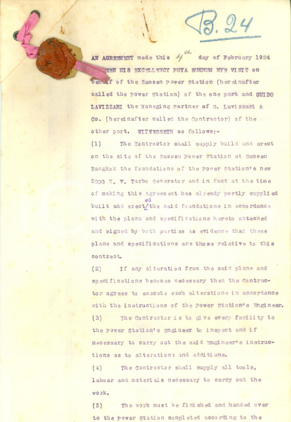 Documento originale, autentico 1924 BANGKOK THAILAND Costruzione fondamenta SAMSEN POWER STATION Contratto 1