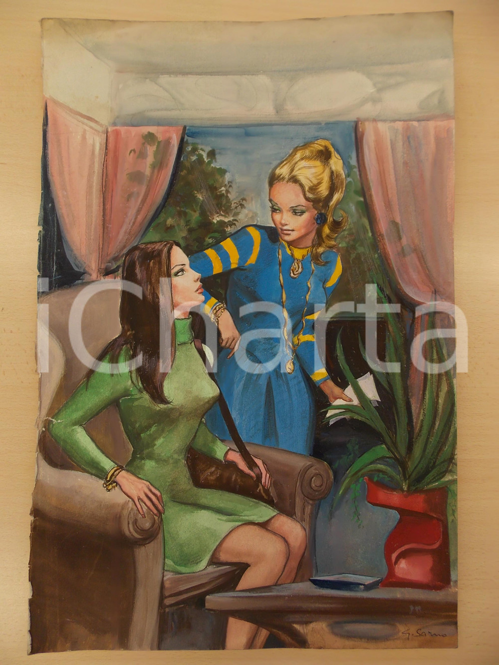 Stampa, bozzetto originale 1980 ca Graziella SARNO Le due amanti Tavola DISEGNATA A MANO AUTOGRAFA 1