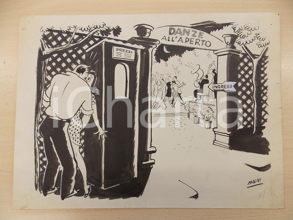 Opera d’arte autentica 1960 ca ENZO MAGNI Incontro piccante danze all aperto Tavola ORIGINALE AUTOGRAFA 1