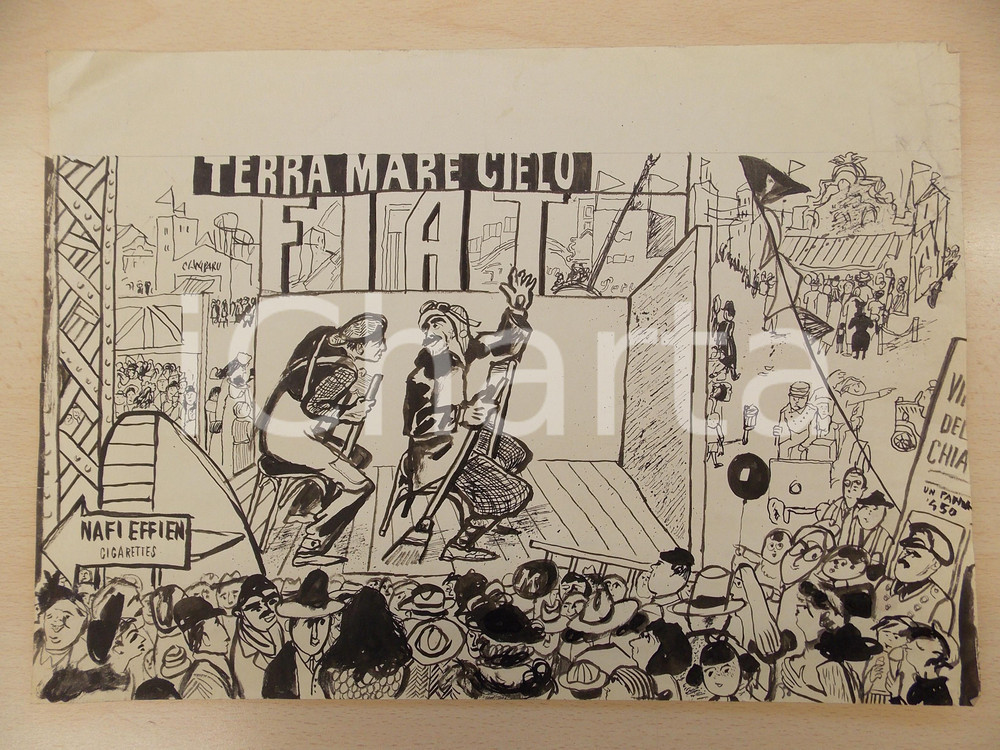 Opera d’arte autentica 1960 ca Fulvio BIANCONI Teatrino Terra Mare Cielo FIAT Tavola ORIGINALE A MANO 1