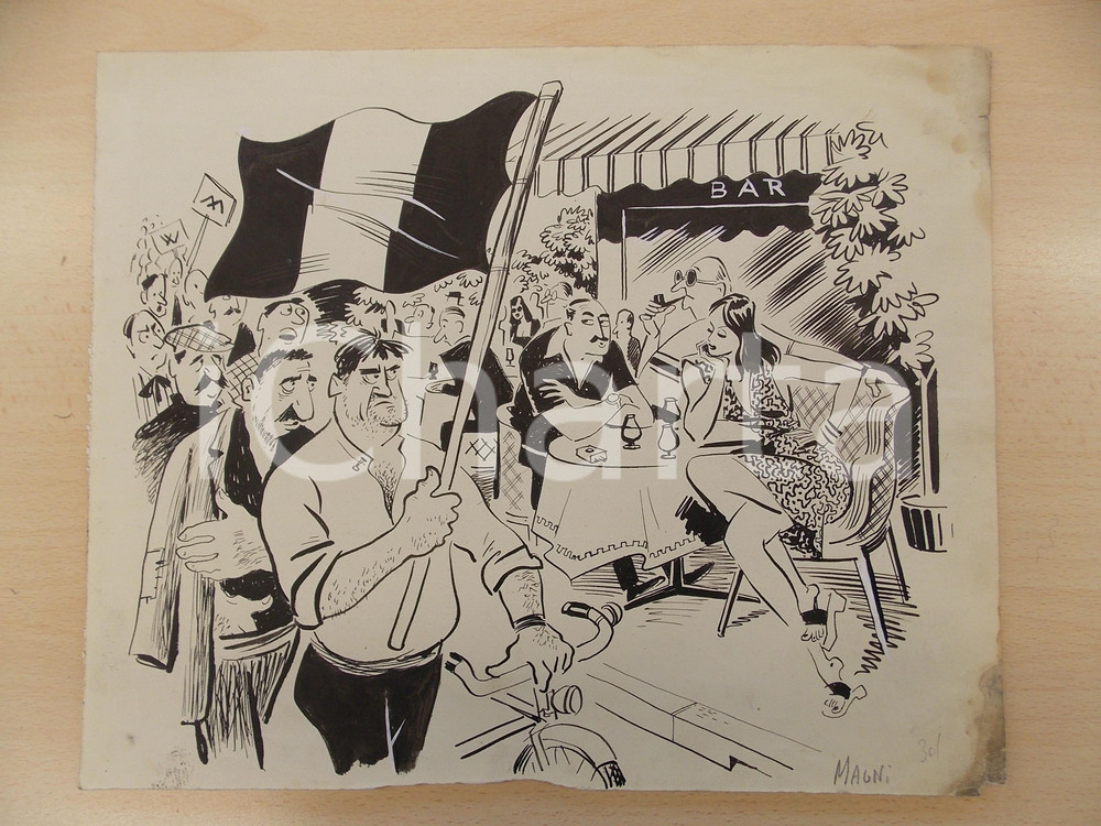 Opera d’arte autentica 1960 ENZO MAGNI INGAM Manifestazione proletaria vs borghesia Tavola AUTOGRAFA 1
