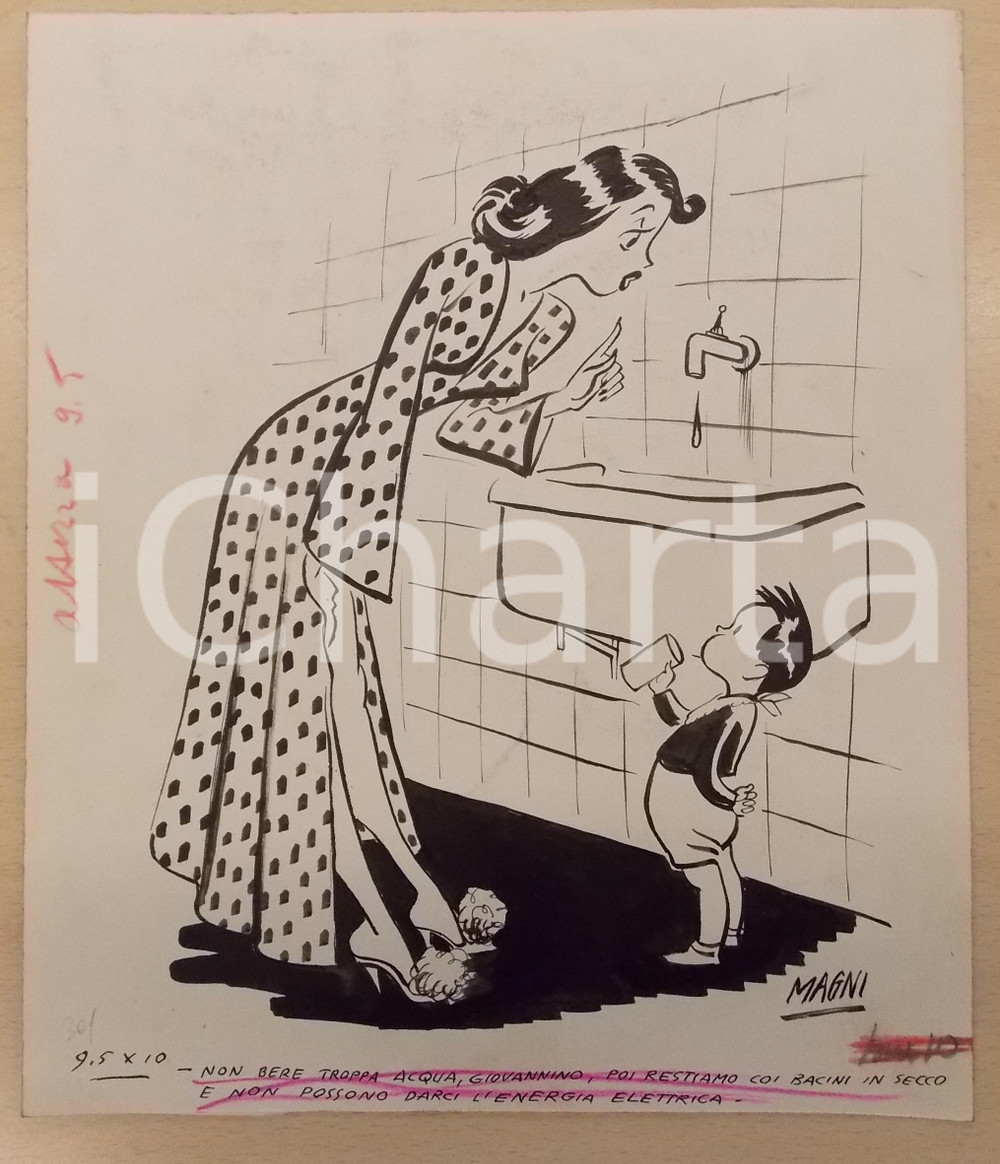 Opera d’arte autentica 1960 ca ENZO MAGNI INGAM Acqua per energia elettrica Tavola ORIGINALE AUTOGRAFA 1