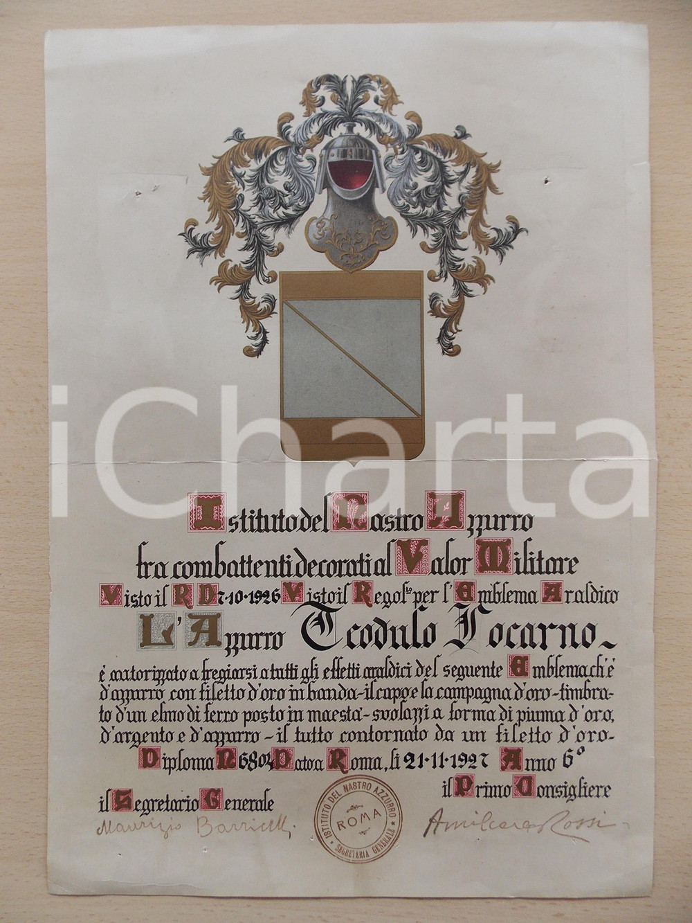Documento originale, autentico 1927 ISTITUTO NASTRO AZZURRO Maurizio BARRICELLI Decreto AUTOGRAFO DANNEGGIATO 1