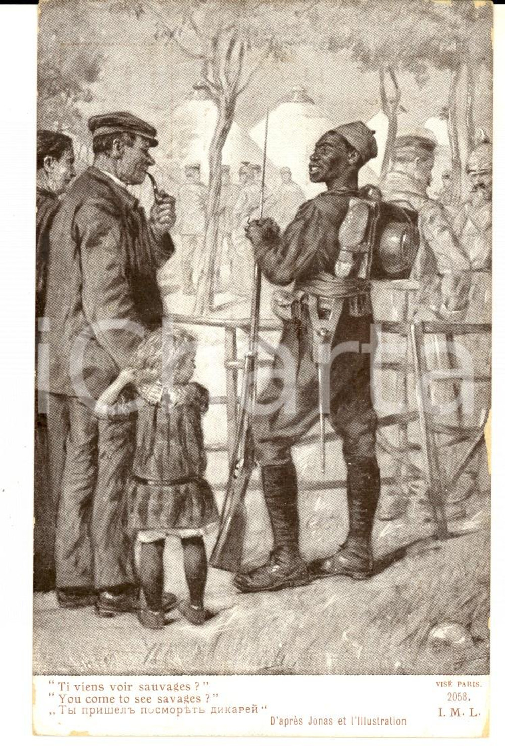 Cartolina originale da collezione 1916 ca WWI SATIRA TRIPLICE INTESA You come to see savages? Cartolina FP 1